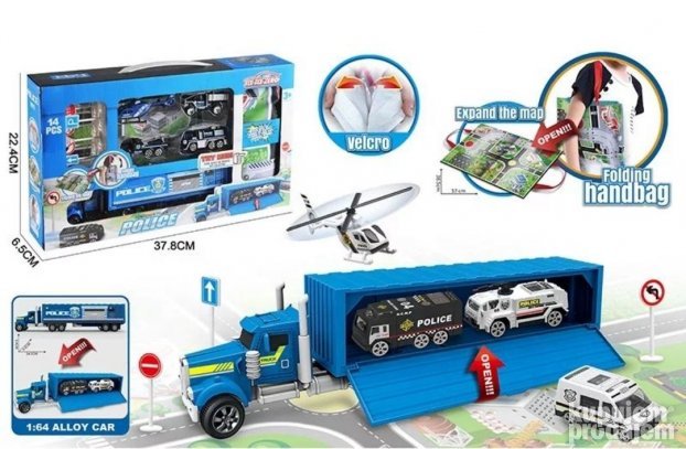Policijski set od 14 delova staza kamionom 3 auta helikopter - Slika 8